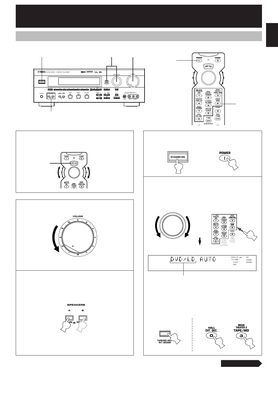 Basic operation, Playing a source, English | Continued, Aon off on off b, Mode start, Set to the, Position, Turn on the power, Front panel remote control | Yamaha RX-V795RDS User Manual | Page 35 / 88