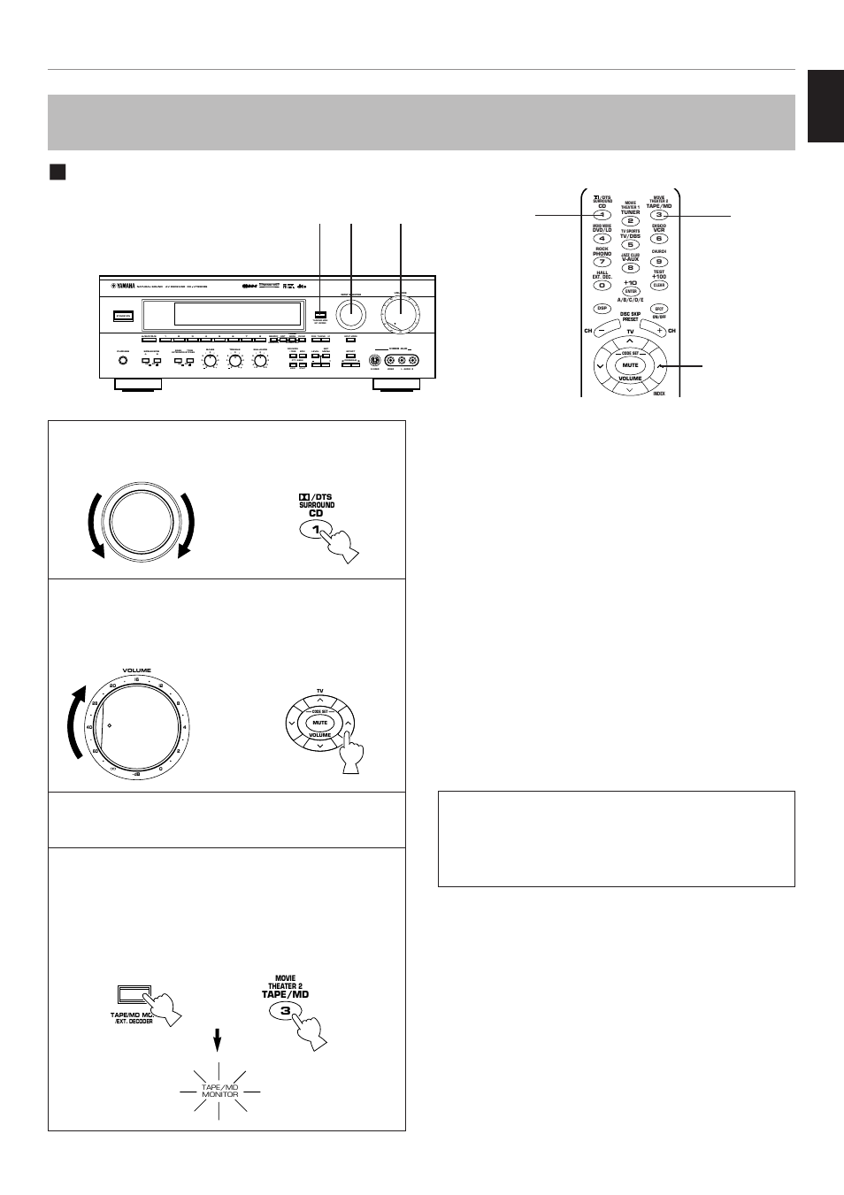 Recording the playing source to tape (or md), English, Select the source you want to record | Front panel or remote control, Aon off on off b, Mode start, Front panel, Remote control, Basic operation | Yamaha RX-V795RDS User Manual | Page 39 / 88