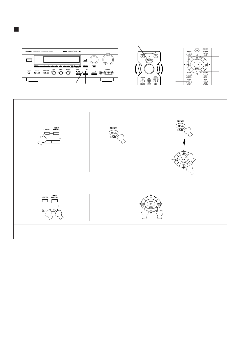 Method of adjustment, Adjust the level on the selected speaker(s), Press once or more | Press once or more. press once, Select “amp/tun, Aon off on off b, Mode start, Basic operation | Yamaha RX-V795RDS User Manual | Page 54 / 88