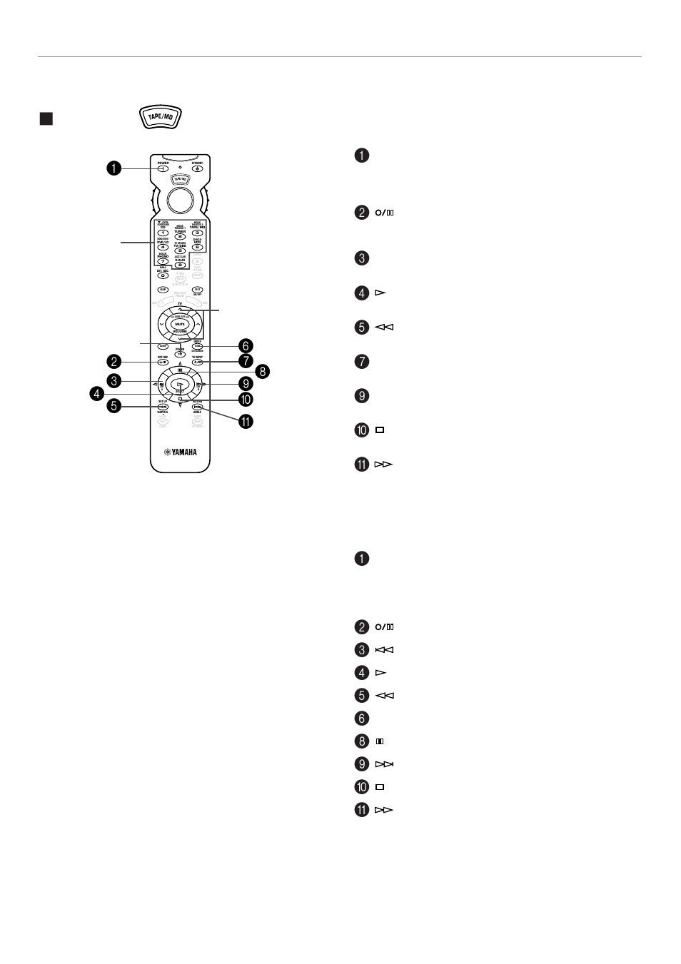 Tape/md, For md recorders, Tv power) input (tv volume) | Play press this key to play a tape, Rewind press this key to rewind a tape, Stop press this key to stop a tape, Fast forward press this key to fast forward a tape, Enter the proper code for your md recorder, Rec/pause, Skip | Yamaha RX-V795RDS User Manual | Page 70 / 88