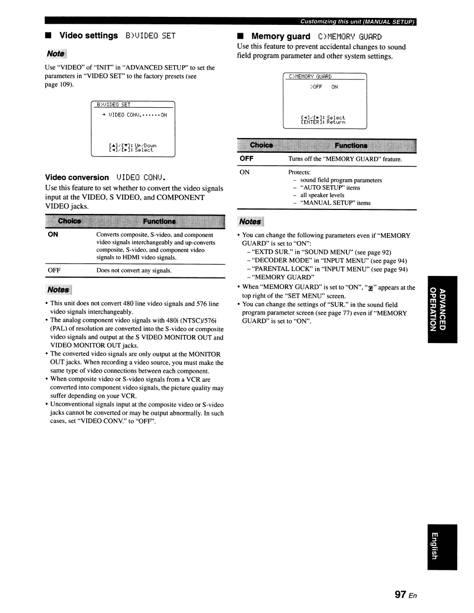M video settings b)uide0 set note, Video conversion uideo cohu, Notes | Yamaha RX-V663 User Manual | Page 101 / 151