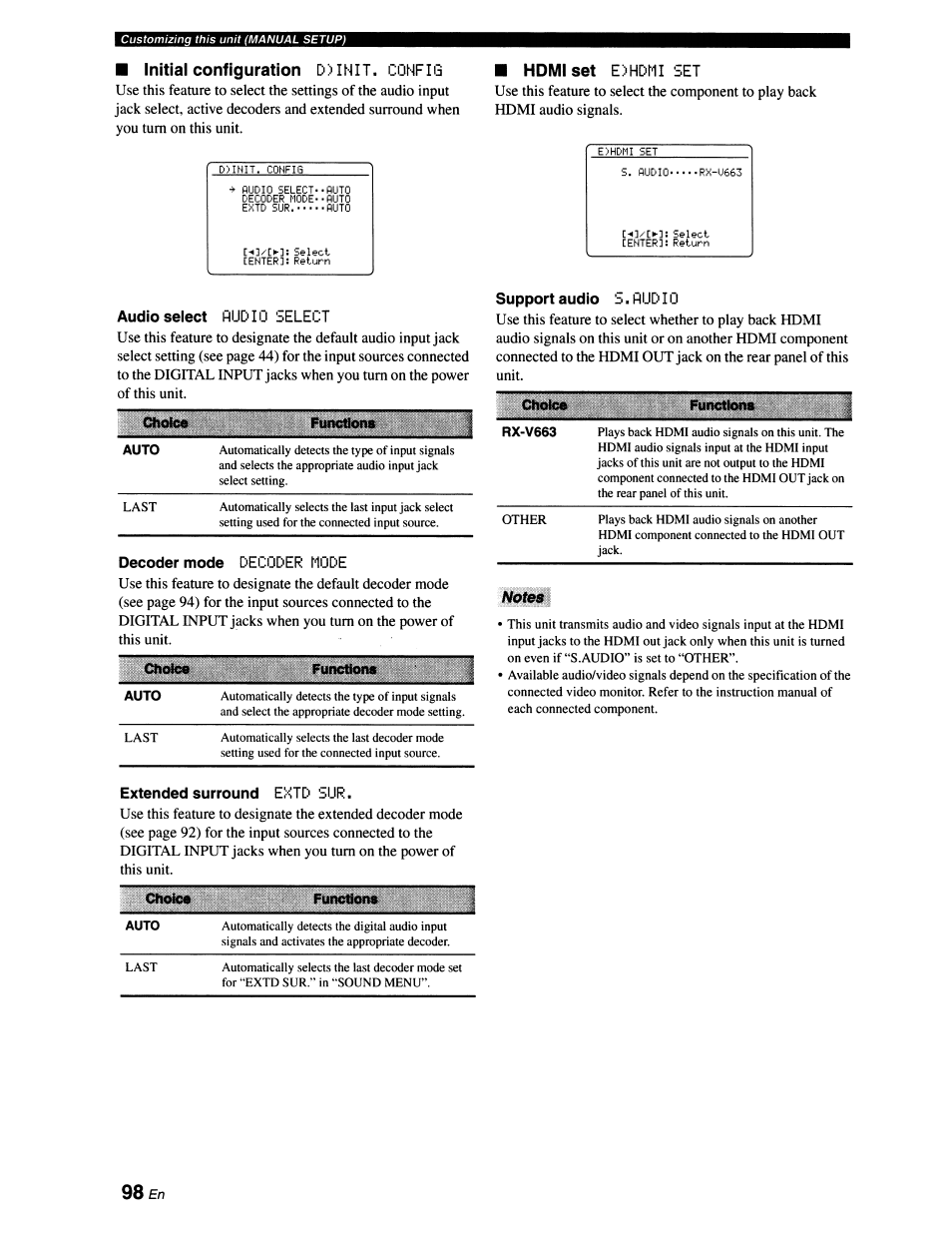 Extended surround entd sur, Hdmiset e)hdmi set, Support audio s. pud 10 | Notes, 98 en, Initial configuration, Hdmiset, D>init. config, Audio select, Decoder mode | Yamaha RX-V663 User Manual | Page 102 / 151