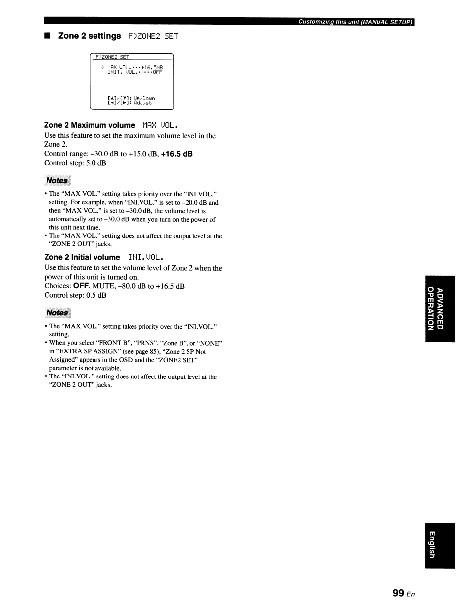 Zone 2 settings f>z0ne2 set, Zone 2 maximum volume npx uol, Notes | Zone 2 initial volume ini. uol, 99 en, Zone 2 settings | Yamaha RX-V663 User Manual | Page 103 / 151