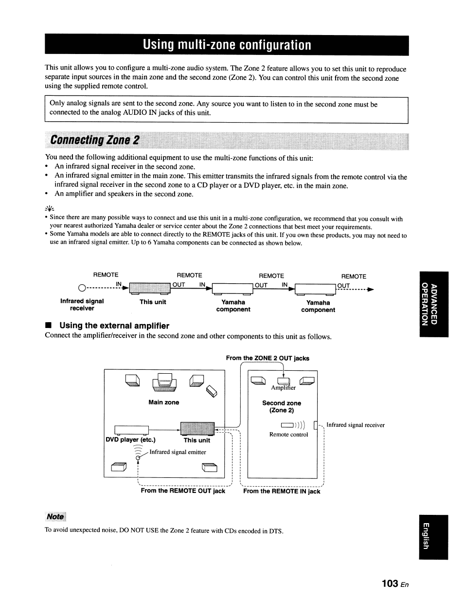 Using multi-zone configuration, Connecting zone 2, Using the external amplifier | Note, 103 en | Yamaha RX-V663 User Manual | Page 107 / 151