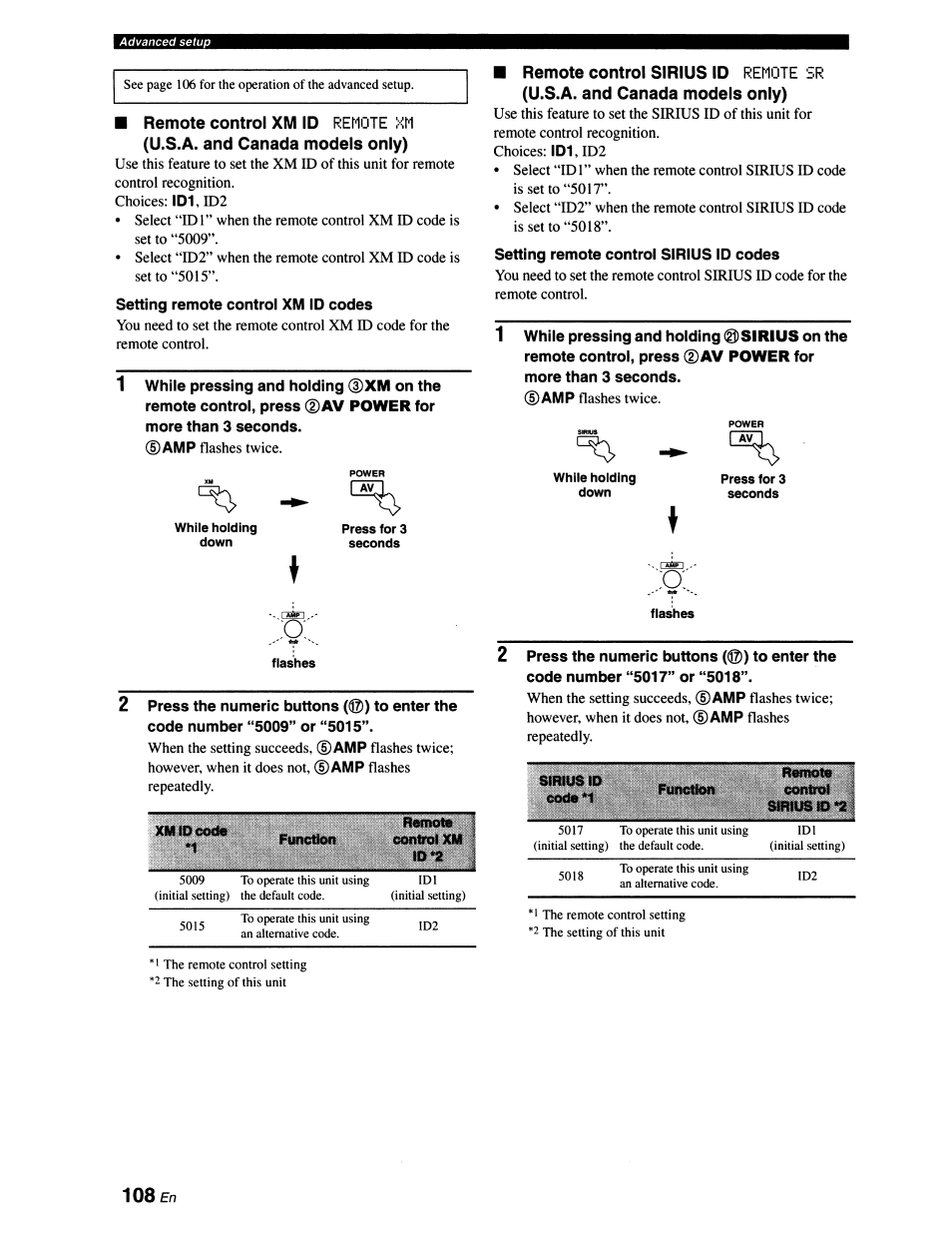 Remote control xm id, And canada models only), Remote control sirius id | U.s.a. and canada models only) | Yamaha RX-V663 User Manual | Page 112 / 151