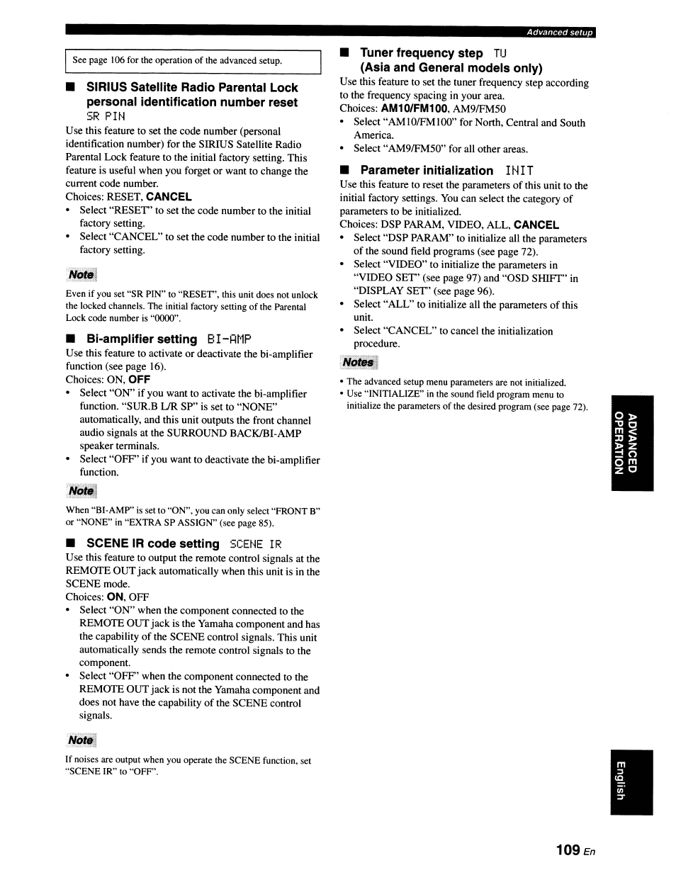 Sr pin, Notb, Bi-amplifier setting bi -hmp | Scene ir code setting scene ir, Note, Parameter initialization init, Notes, 109en, Init | Yamaha RX-V663 User Manual | Page 113 / 151