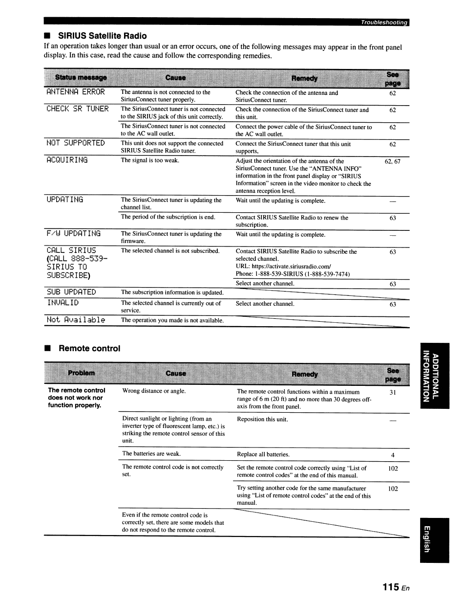 M sirius satellite radio, Flhtennfl error, Check sr tuner | Raimkly, Sirius satellite radio, Remote controi, Not supported, Flcquirihg, Updating, F.-'w updating | Yamaha RX-V663 User Manual | Page 119 / 151