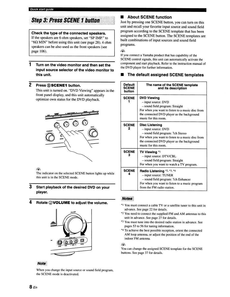 Check the type of the connected speakers, 2 press (dscene1 button, 3 start playback of the desired dvd on your player | 4 rotate ©volume to adjust the volume, About scene function, The default assigned scene templates, Notes, Note, Step | Yamaha RX-V663 User Manual | Page 12 / 151