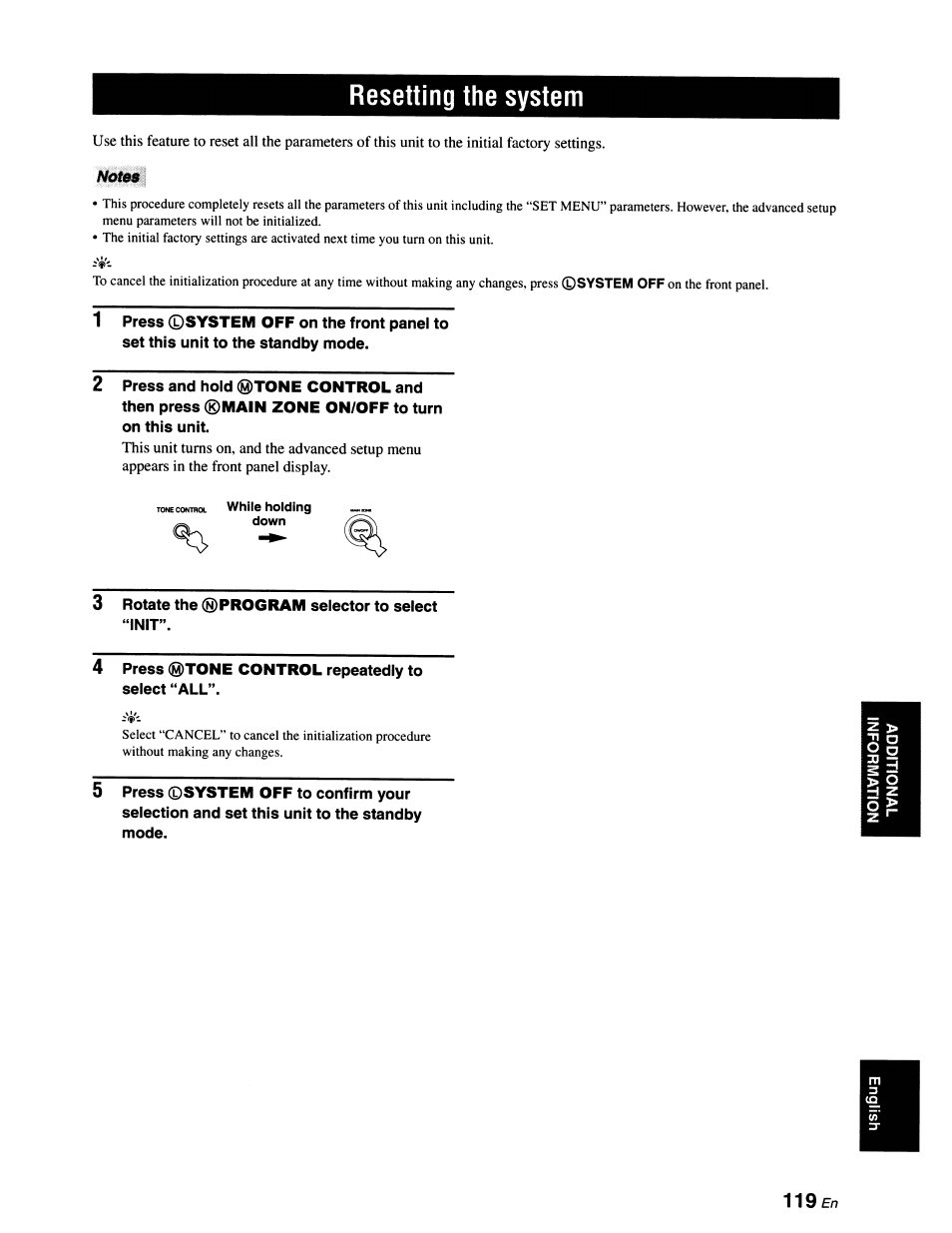 Resetting the system, Notes, 119en | Yamaha RX-V663 User Manual | Page 123 / 151