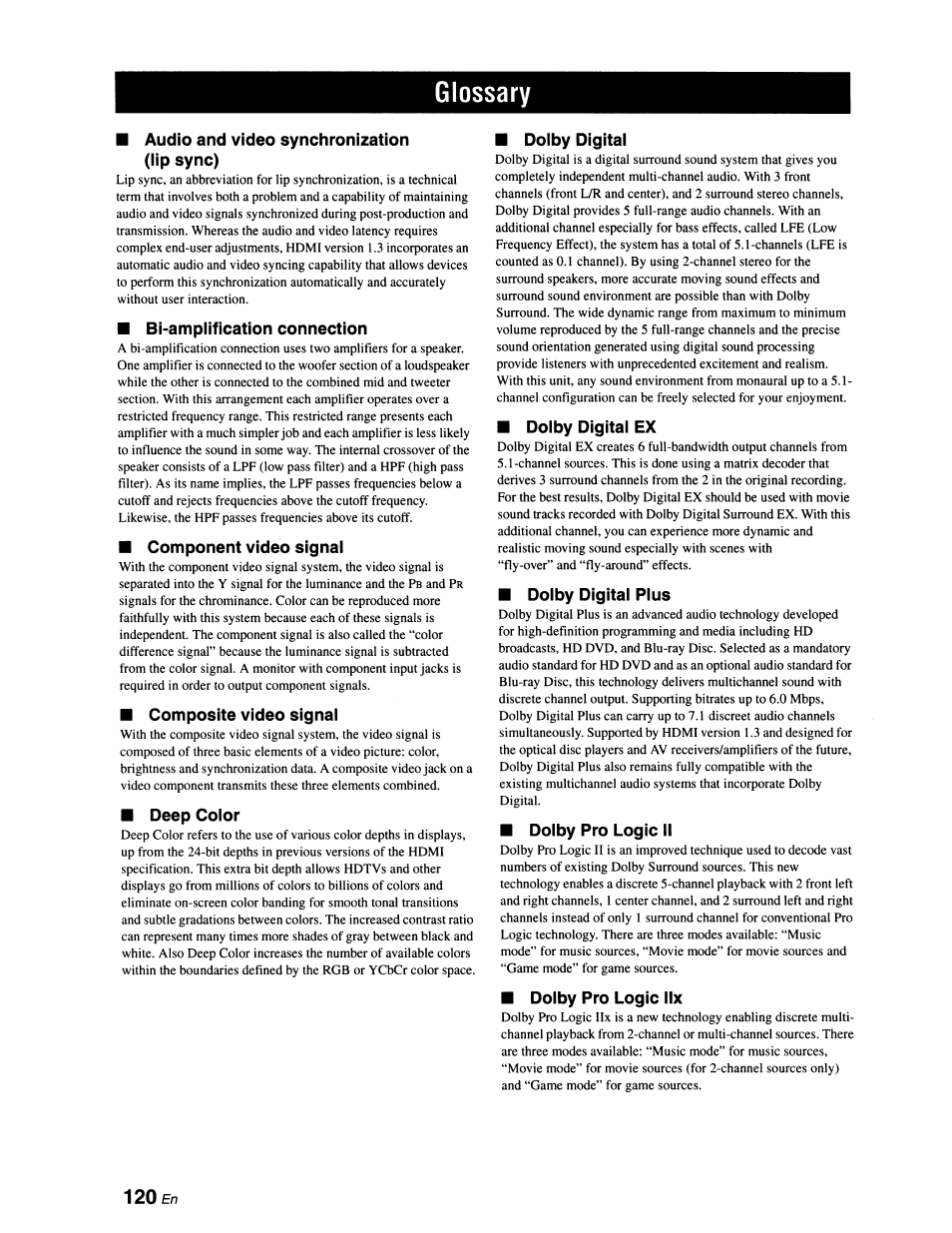 Glossary, Audio and video synchronization (iip sync), Bi-amplification connection | Component video signal, Composite video signal, Deep color, Dolby digital, Dolby digital ex, Dolby digital plus, Dolby pro logic ii | Yamaha RX-V663 User Manual | Page 124 / 151