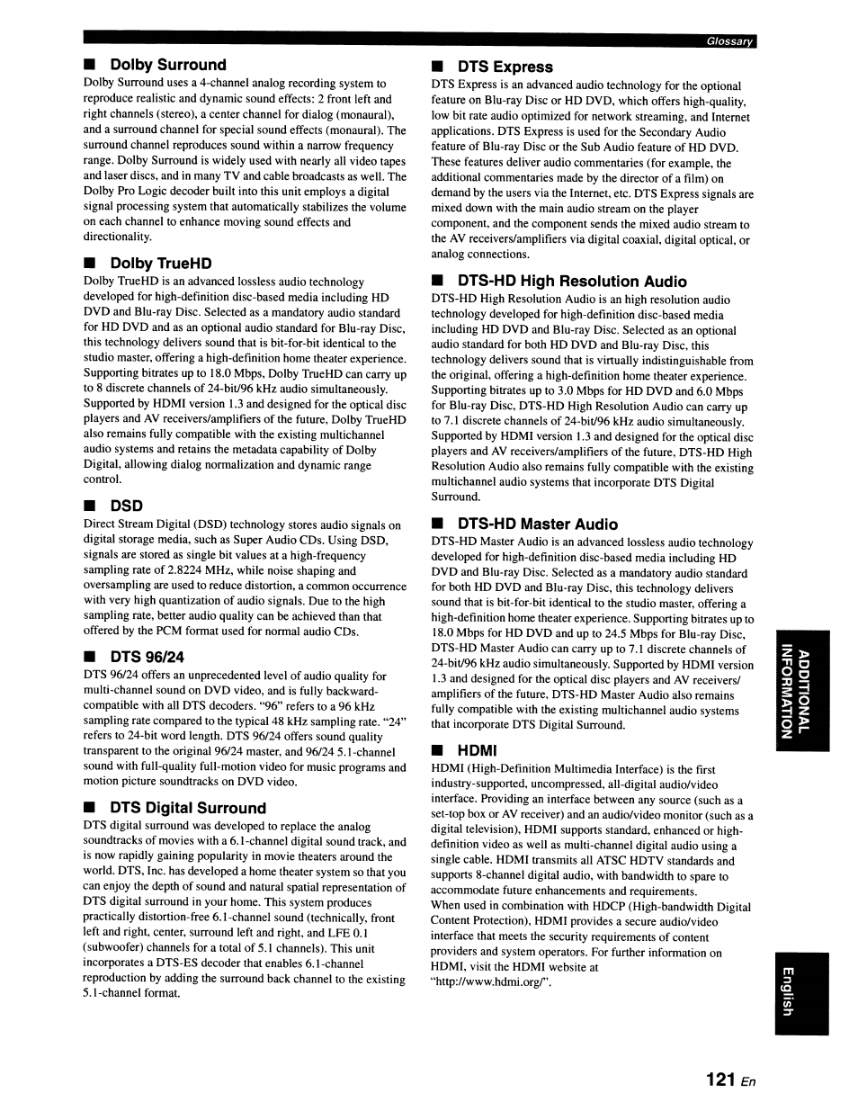 Dolby surround, Dolby truehd, Dts 96/24 | Dts digital surround, Dts express, Dts-hd high resolution audio, Dts-hd master audio, Hdmi | Yamaha RX-V663 User Manual | Page 125 / 151