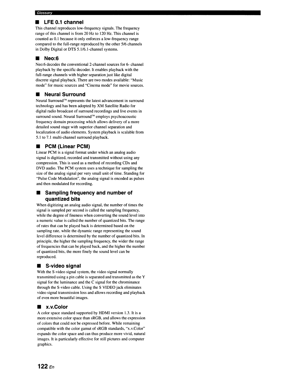 Lfe 0.1 channel, Neo:6, Neural surround | Pcm (linear pcm), Sampling frequency and number of quantized bits, S-video signal, X.v.color, 22en | Yamaha RX-V663 User Manual | Page 126 / 151