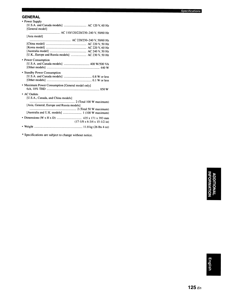 General, 125e/7 | Yamaha RX-V663 User Manual | Page 129 / 151