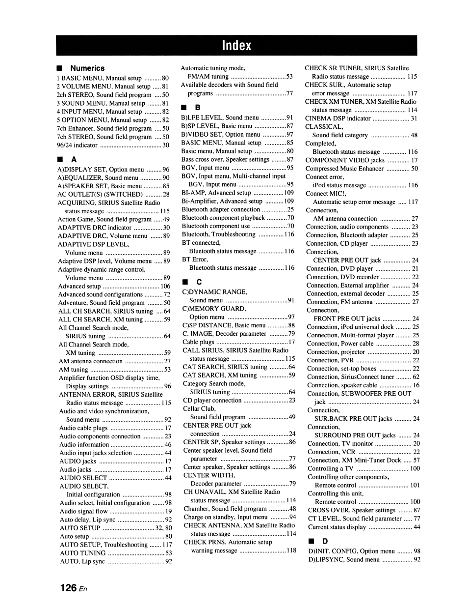 Numerics | Yamaha RX-V663 User Manual | Page 130 / 151