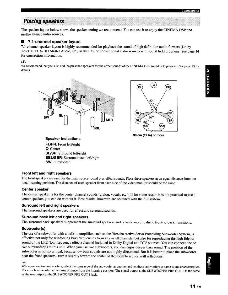 Placing speakers, 1 -channel speaker layout, Speaker indications | Front ieft and right speakers, Center speaker, Surround left and right speakers, Surround back ieft and right speakers, Subwoofer(s) | Yamaha RX-V663 User Manual | Page 15 / 151