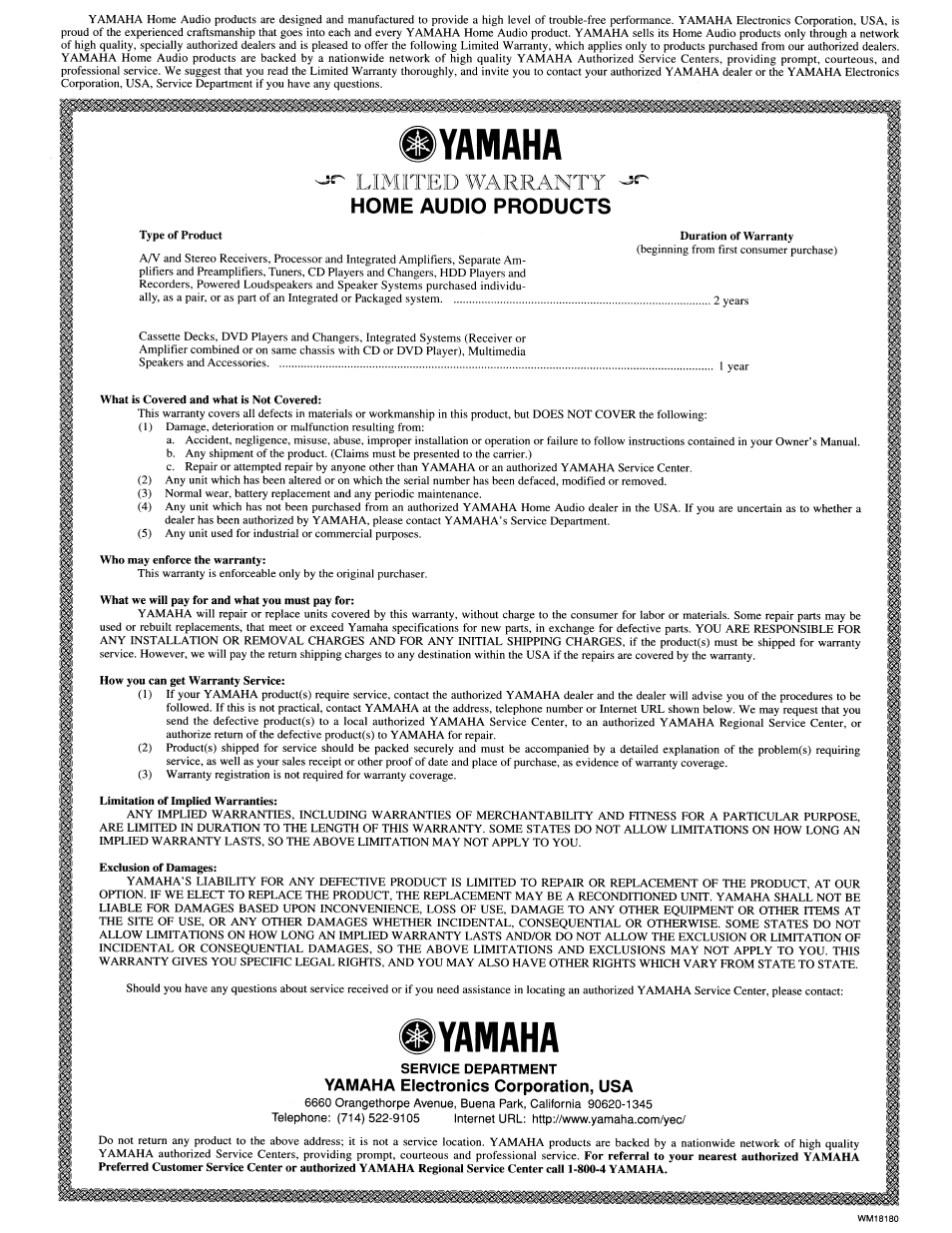 5^ limited warranty home audio products, Yamaha electronics corporation, usa, Yamaha | Yamaha RX-V663 User Manual | Page 151 / 151