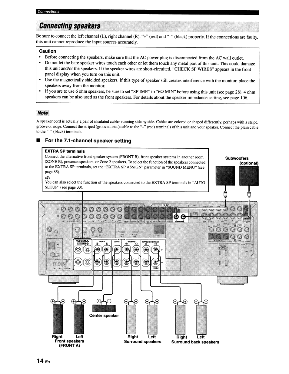 Connecting speakers, Caution, Note | For the 7.1 -channel speaker setting, U e n | Yamaha RX-V663 User Manual | Page 18 / 151