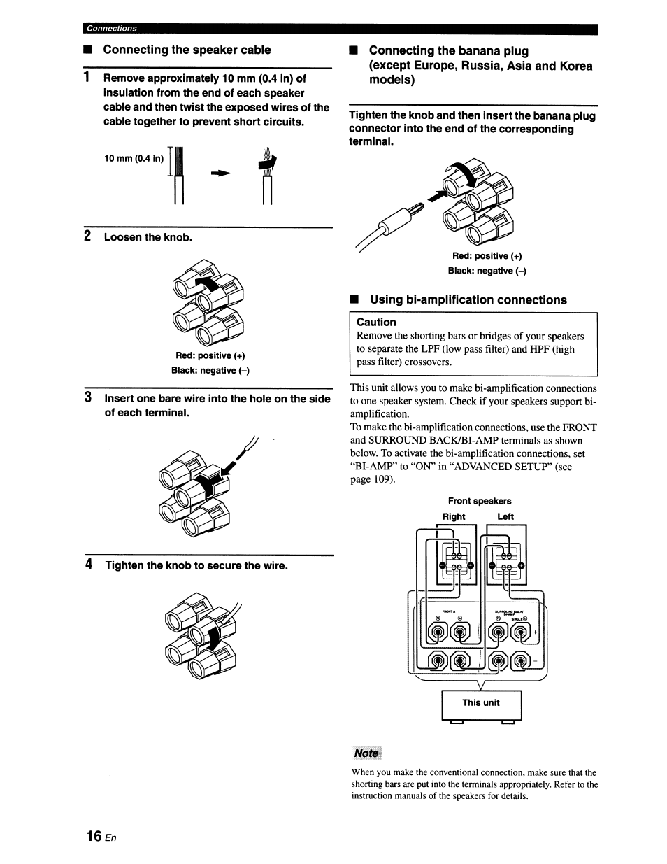 Connecting the speaker cable, Connecting the banana plug, Except europe, russia, asia and korea | Models), Using bi-amplification connections | Yamaha RX-V663 User Manual | Page 20 / 151