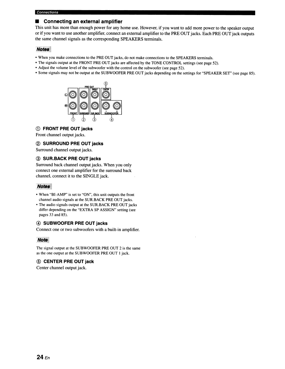 Connecting an external amplifier, Votes, Front pre out jacks | Surround pre out jacks, Sur.back pre out jacks, Notbb, Subwoofer pre out jacks, Notb, Center pre out jack | Yamaha RX-V663 User Manual | Page 28 / 151