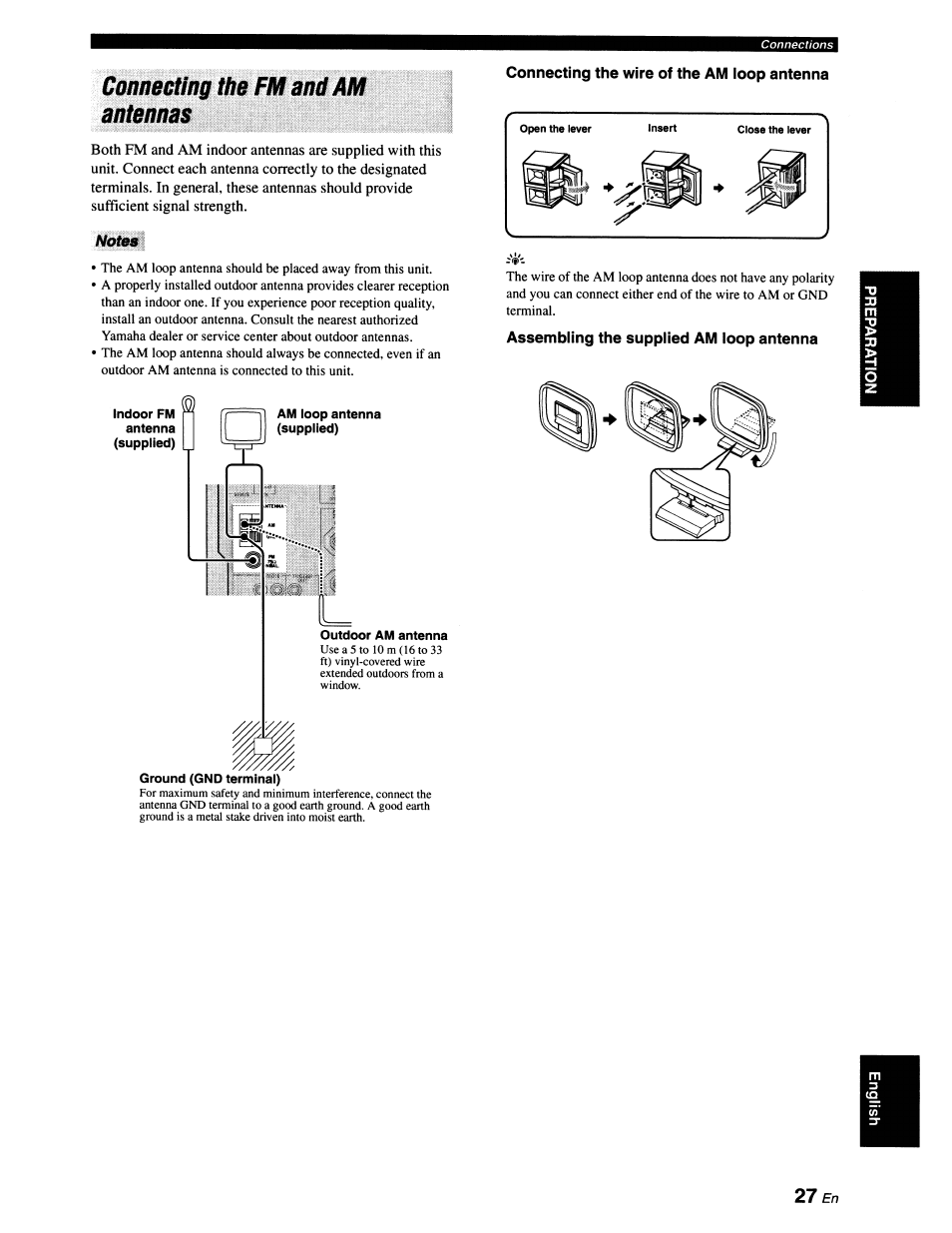 Connecting llie fm and am antennas, Connecting the wire of the am ioop antenna, Assembling the supplied am loop antenna | Yamaha RX-V663 User Manual | Page 31 / 151