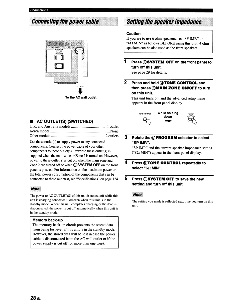 Connecting the power cable, Setting the speaker impedance, Ac outlet(s) (switched) | Note, Noi0, 28 en | Yamaha RX-V663 User Manual | Page 32 / 151