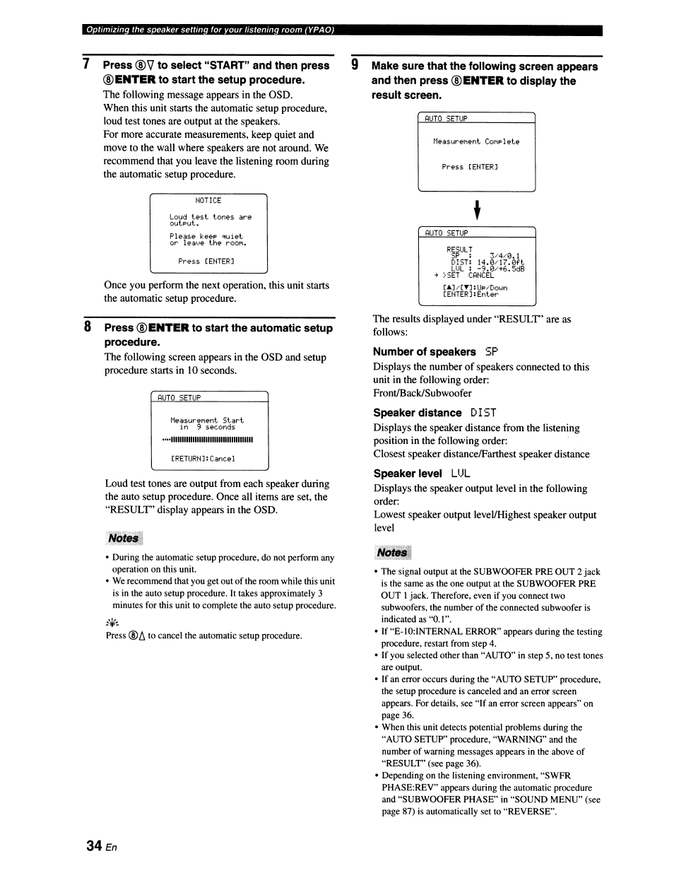 Notes, Number of speakers sp, Speaker distance di st | Speaker level lul, Noisb | Yamaha RX-V663 User Manual | Page 38 / 151