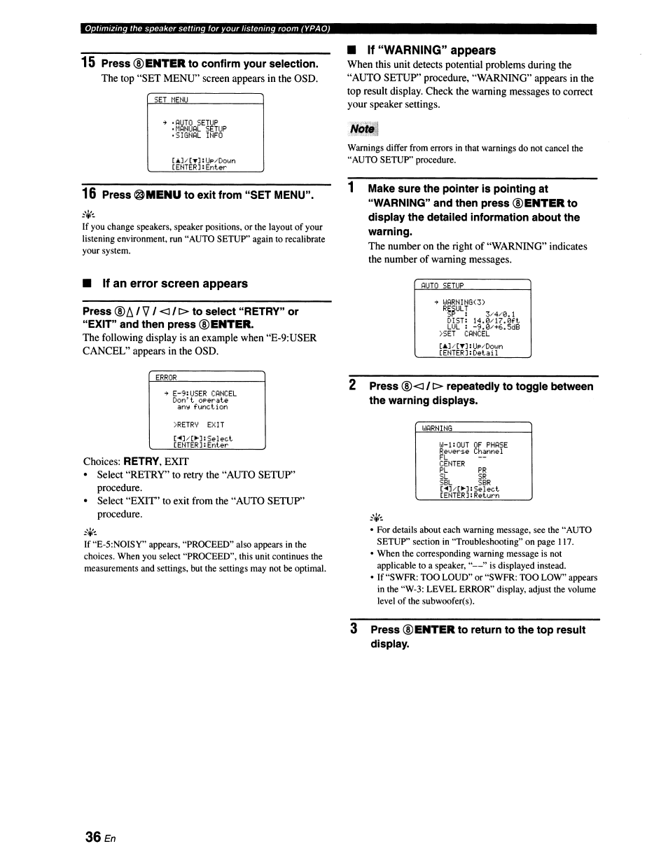 If “warning” appears, Not0, If an error screen appears | The top “set menu” screen appears in the osd, Choices | Yamaha RX-V663 User Manual | Page 40 / 151