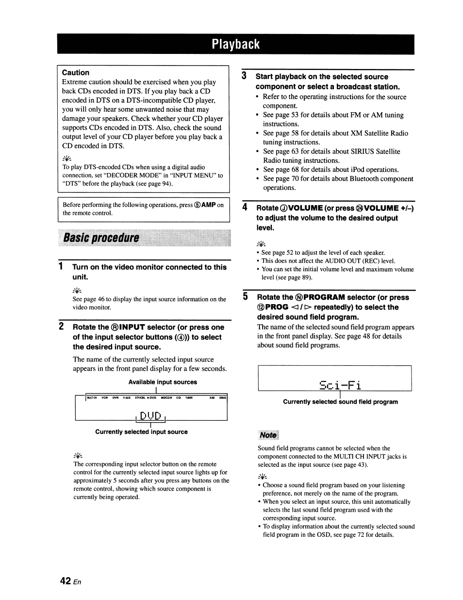 Playback, Basie procedure, Note | Basic procedure | Yamaha RX-V663 User Manual | Page 46 / 151