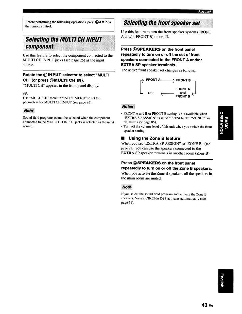 Seteeting the multi ch input component, Selecting the iront speaker set, Using the zone b feature | Selecting the multi ch input component, Selecting the front speaker set | Yamaha RX-V663 User Manual | Page 47 / 151
