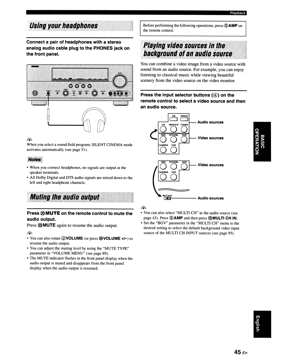 Using your headphones, Muting the audio output, O q q | Yamaha RX-V663 User Manual | Page 49 / 151