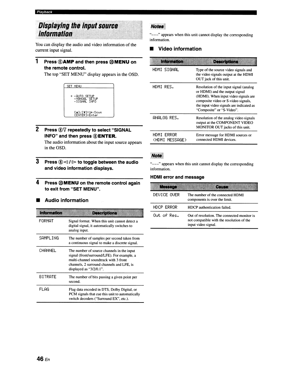 Displaying the input source information, Video information | Yamaha RX-V663 User Manual | Page 50 / 151