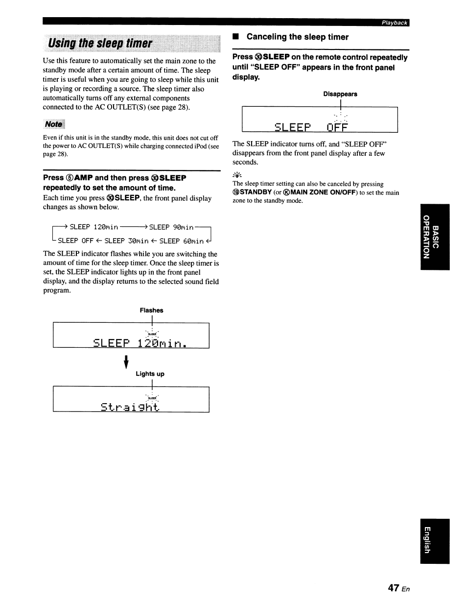 Using th$ sleep timer, Canceling the sleep timer, Note | Sleep 120miri, Using the sleep timer | Yamaha RX-V663 User Manual | Page 51 / 151