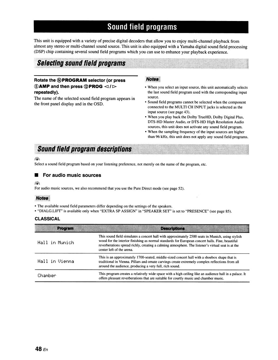 Sound field programs, Selecting sound field programs, Sound field program descriptions | For audio music sources, Notes, Classical, Sound held programs | Yamaha RX-V663 User Manual | Page 52 / 151