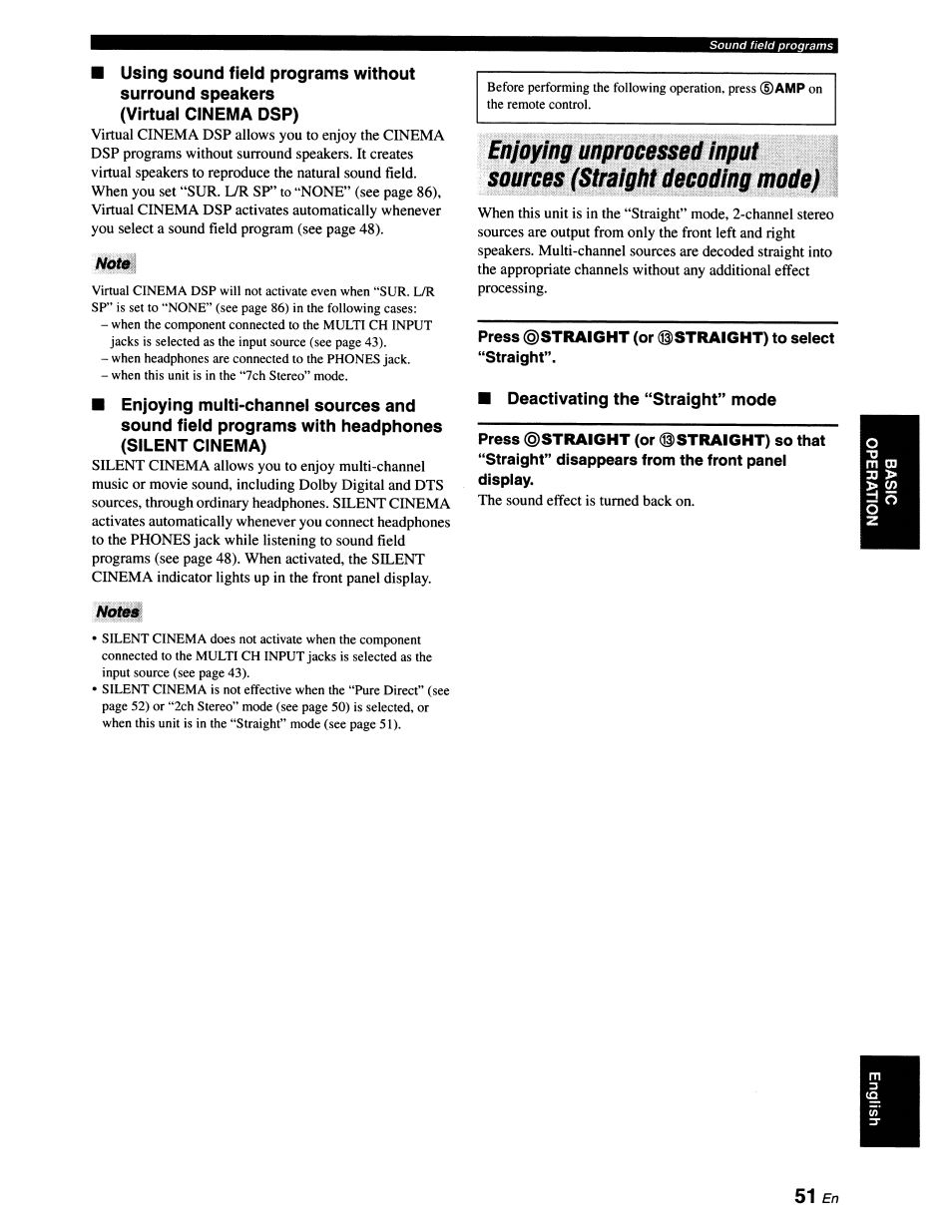 Virtual cinema dsp), Noté, Notes | Press ©straight (or ©straight) to select “straight, Deactivating the “straight” mode | Yamaha RX-V663 User Manual | Page 55 / 151