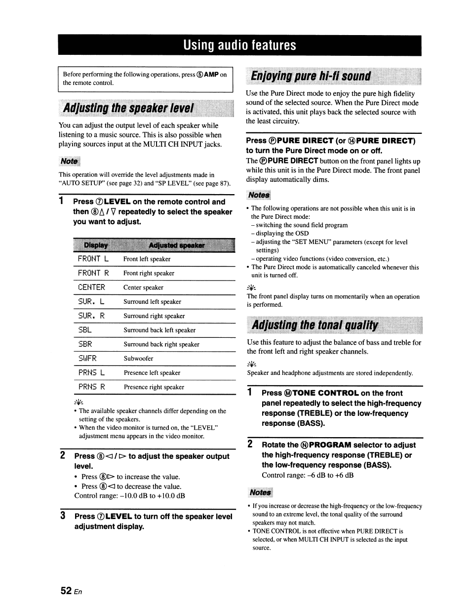 Using audio features, Enjoying pure hhl sound, Adjusting the speaker ieuei | Note, Noteb, Adjusting the tonai guaiity, Notes, Adjusting the speaker level, Enjoying pure hi-fi sound, Adjusting the tonal quality | Yamaha RX-V663 User Manual | Page 56 / 151