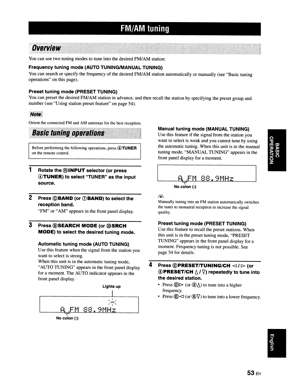 Fm/am tuning, 0¥etview, Note | Basie tuning operations, Basic tuning operations | Yamaha RX-V663 User Manual | Page 57 / 151