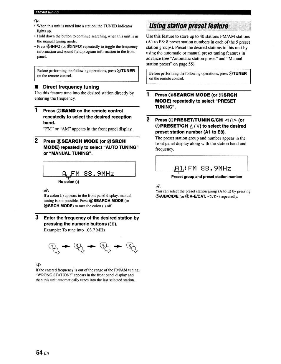 Direct frequency tuning, Using station preset feature | Yamaha RX-V663 User Manual | Page 58 / 151