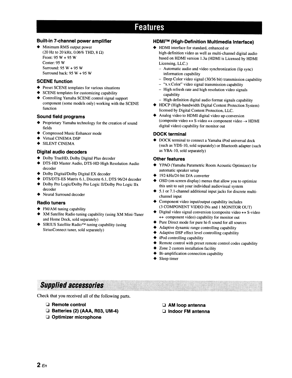 Features, Built-in 7-channel power amplifier, Scene function | Sound field programs, Digital audio decoders, Radio tuners, High-definition multimedia interface), Dock terminal, Other features, Supplied accessories | Yamaha RX-V663 User Manual | Page 6 / 151