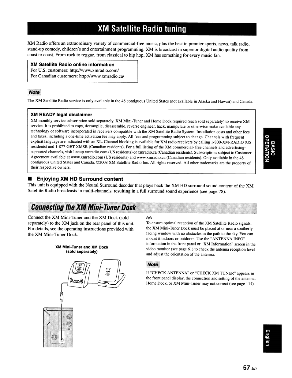 Xm satellite radio tuning, Xm satellite radio online information, Notb | Xm ready legal disclaimer, Enjoying xm hd surround content, Connecting the xm mint-tuner dock, Note, Connecting the xm mini-tuner dock | Yamaha RX-V663 User Manual | Page 61 / 151
