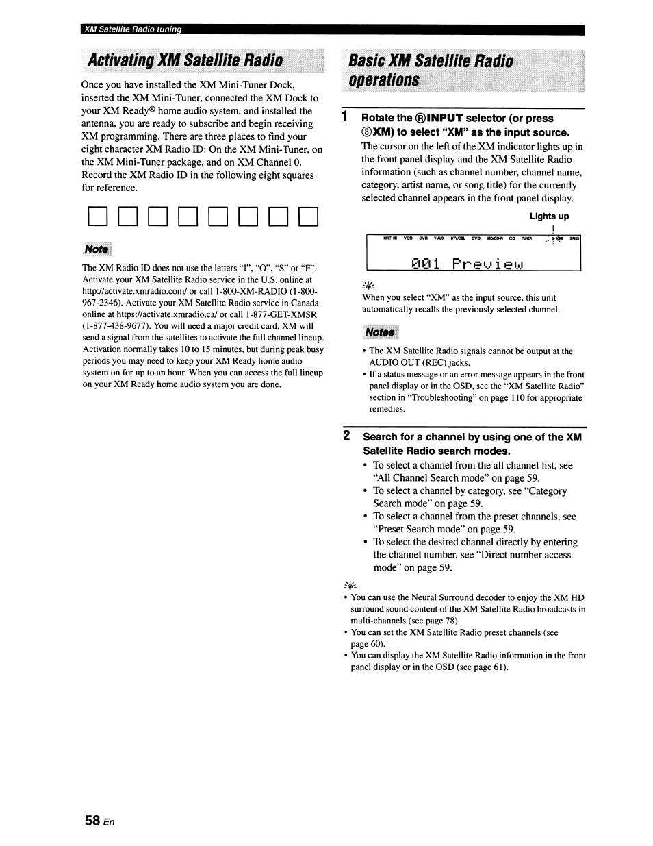 Aelivallng xm satellite nadla, Basle xmsatelfite radio operations, Basic xm satellite radio operations | Yamaha RX-V663 User Manual | Page 62 / 151