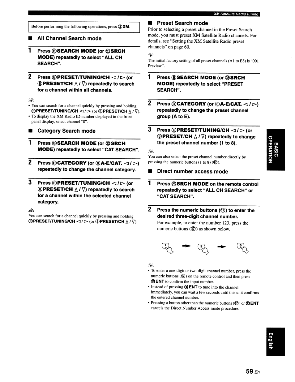 All channel search mode, Preset search mode, Category search mode | Direct number access mode | Yamaha RX-V663 User Manual | Page 63 / 151