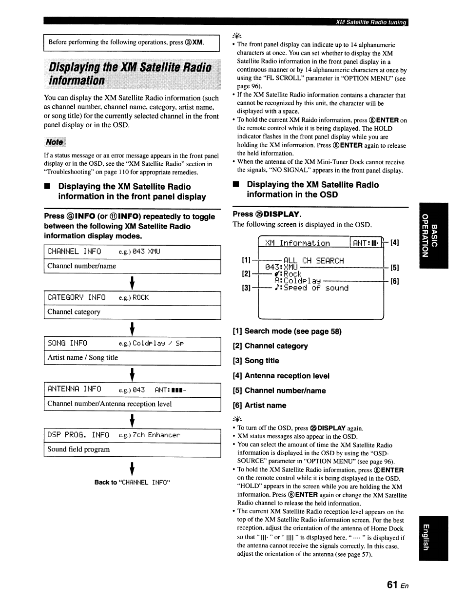Displaying the xm sateliite radio information, Channel info e.g.)043 xmu, Category info e.g.)r0ck | Song info, Antenna info e.g.) 043 fint:m, Dsp prog. info e.g.)7ch enhancer, Press @ display, Ant;iii- rwl, Rock a; uoldplay, 2] channel category | Yamaha RX-V663 User Manual | Page 65 / 151