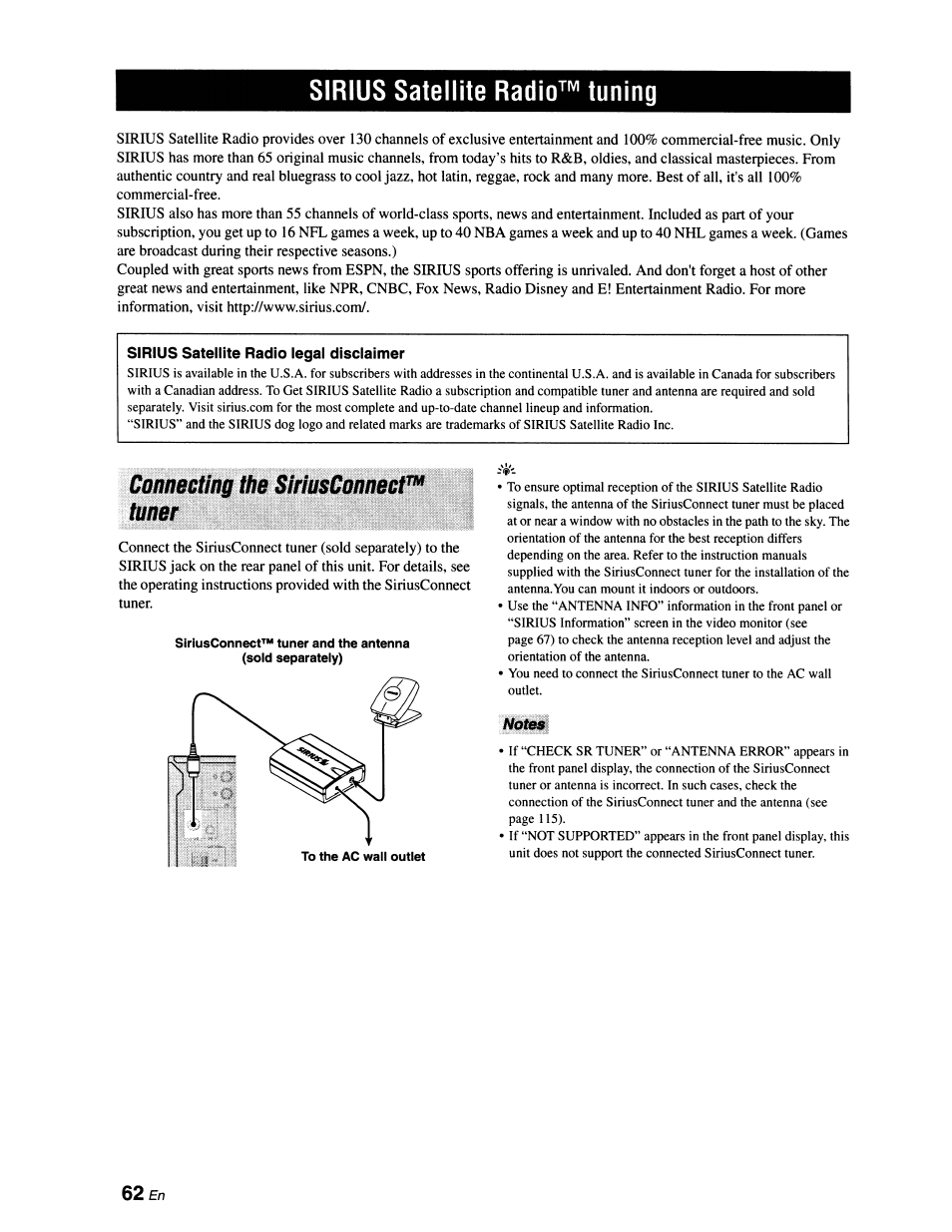 Sirius satellite radio^*^ tuning, Sirius satellite radio legal disclaimer, Comieeting thb sirmconneet^ turn | Notes, Sirius satellite radio^^ tuning, 62 en | Yamaha RX-V663 User Manual | Page 66 / 151