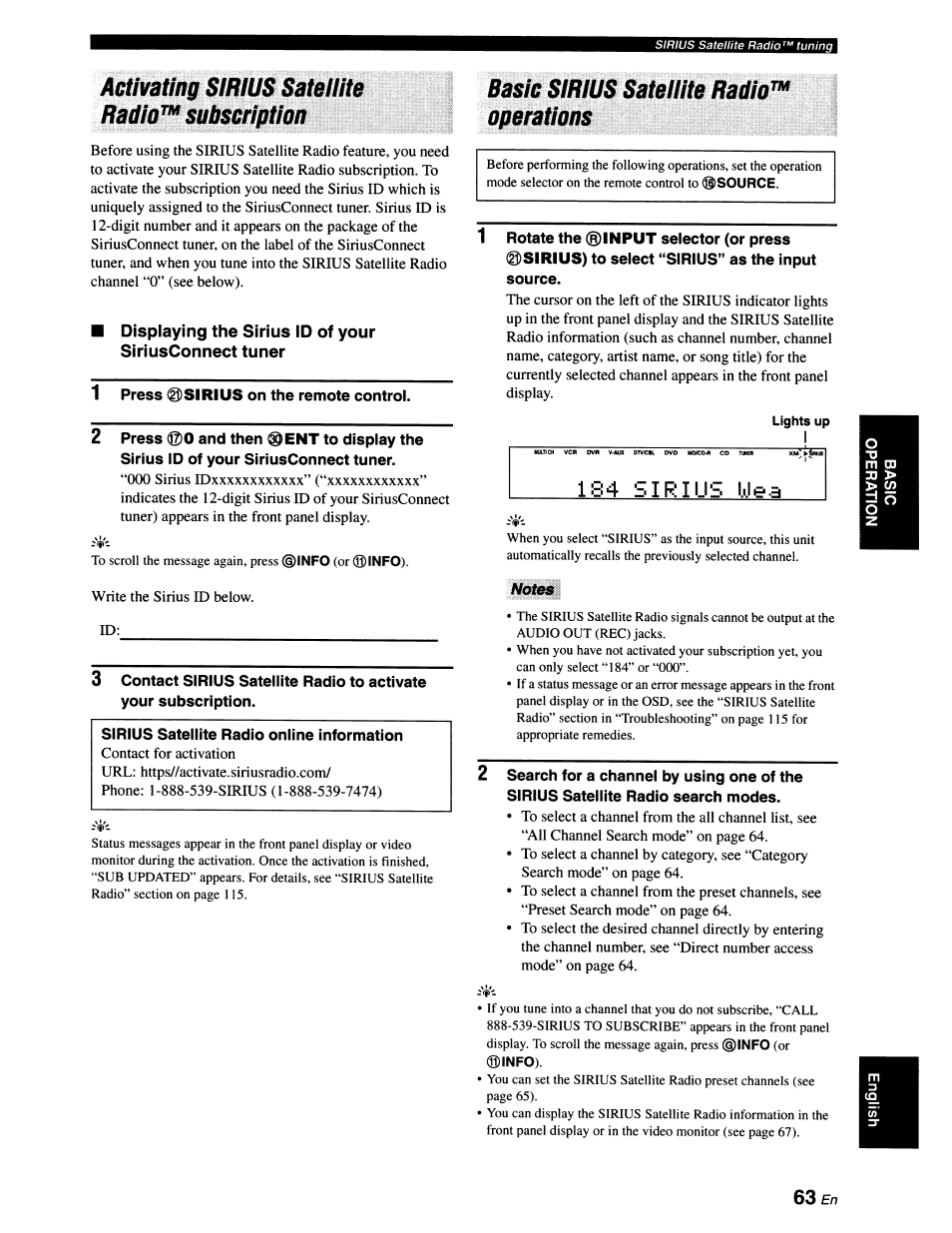 Acthfatittg simus satellhe radia™ sabseriptlon, Basic sirius satellite radio™ operations, Notm | Basic sirius satellite radm^ operations, Write the sirius id below. id, 1s4 sirius | Yamaha RX-V663 User Manual | Page 67 / 151