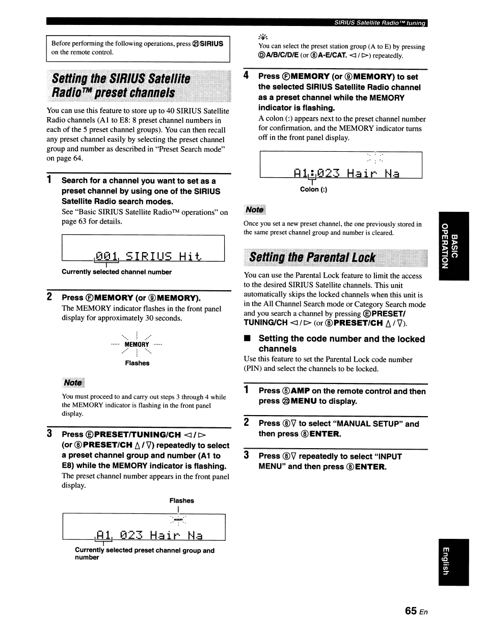 Note, Setting the parental lock, Setting the code number and the locked channels | A / v), 1 / o (or, A/ v), Fll, 023 hair- n.3 | Yamaha RX-V663 User Manual | Page 69 / 151