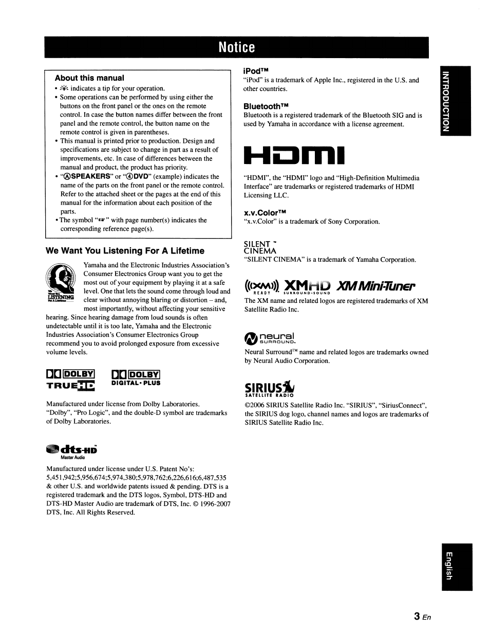 We want you listening for a lifetime, Silent, Cinema | Neural, Xm))) xmriij xmminituner, Siriusfl, Hsmi, 9<lts-hd | Yamaha RX-V663 User Manual | Page 7 / 151