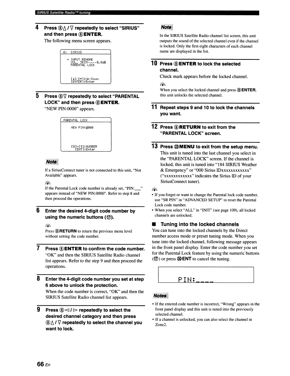 Natb, Not0, Tuning into the locked channels | The following menu screen appears, New pin:0000” appears, A / v, Check mark appears before the locked channel | Yamaha RX-V663 User Manual | Page 70 / 151