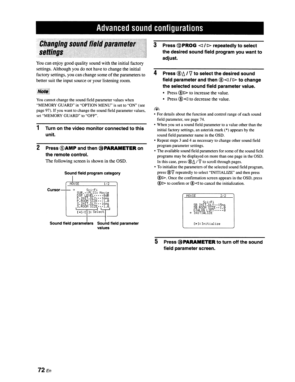Advanced sound configurations, Changing sound field parameter settings, Note | Advanced sound conhgurations, The following screen is shown in the osd | Yamaha RX-V663 User Manual | Page 76 / 151