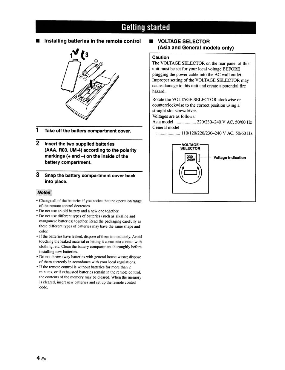 Getting started, Installing batteries in the remote control, Voltage selector | Asia and general models only), Notes, Notice | Yamaha RX-V663 User Manual | Page 8 / 151