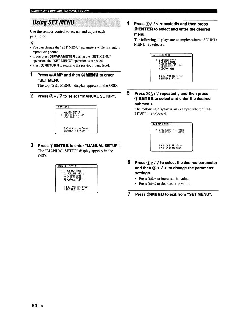 Using set menu, The top “set menu” display appears in the osd, A / v | The “manual setup” display appears in the osd, 84 en | Yamaha RX-V663 User Manual | Page 88 / 151